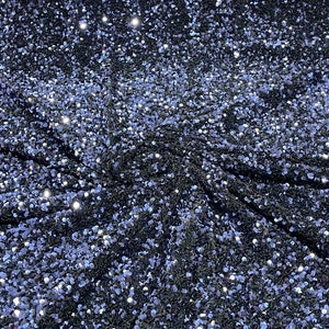 Navy Blue Sequin Fabric on Black Stretch Velvet - by the yard - all Over 5mm Sequins Velvet 2-way Stretch 58/60”