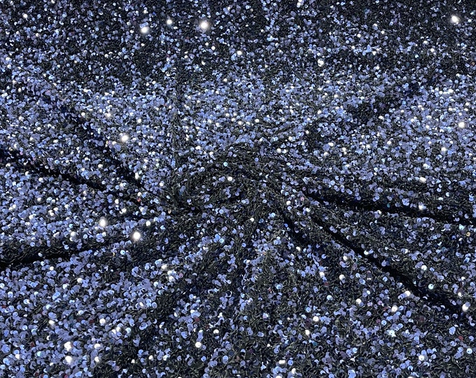 Navy Blue Sequin Fabric on Black Stretch Velvet - by the yard - all Over 5mm Sequins Velvet 2-way Stretch 58/60”