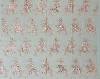 Pink Floral Lace Fabric by the yard - Embroidery With Sequins on a Mesh Lace Fabric For Gown, Wedding-Bridal