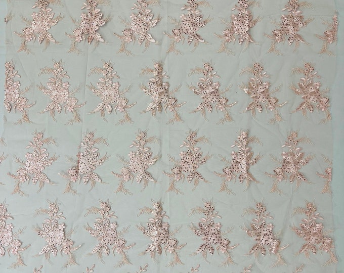 Pink Floral Lace Fabric by the yard - Embroidery With Sequins on a Mesh Lace Fabric For Gown, Wedding-Bridal