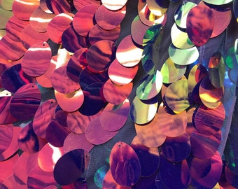 Magenta Iridescent Big Sequins Oval Sequin Paillette, by the yard - Tear Drop Mermaid Jumbo Sequins Fabric On a Mesh (Pick a Size)