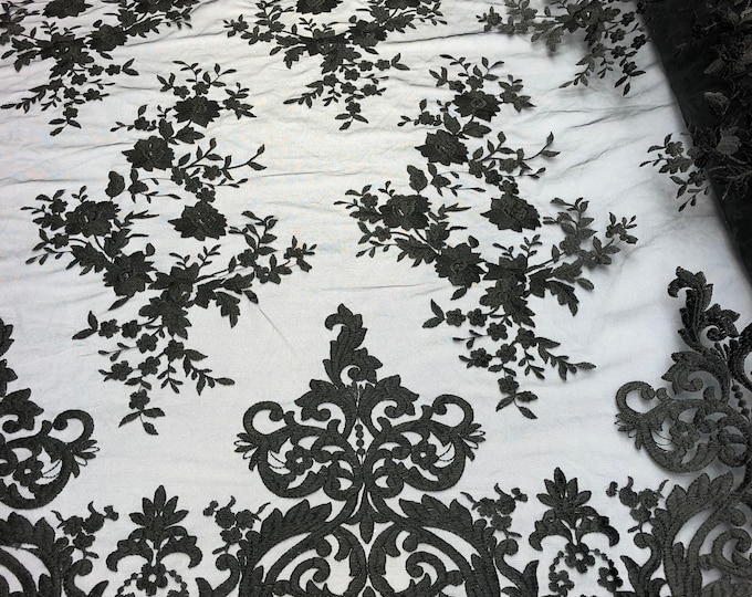 Black Damask Design Embroidered on Mesh Lace Fabric, Floral Bridal Lace Wedding Dress by the Yard (Pick a Size)