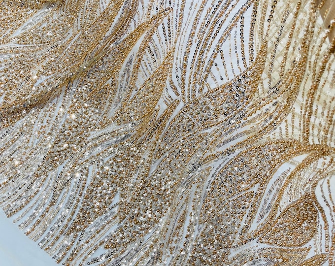 Champagne Beaded Lace Fabric: Embroidered Mesh, Bridal Wedding Dress - Sold By The Yard