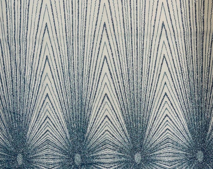 Baby Blue Sparkling Glitter Mesh Fabric By The Yard, Glitters and Sequins Damask Geometric Glitter Fabric Wedding Bridal Decor Prom Glitter