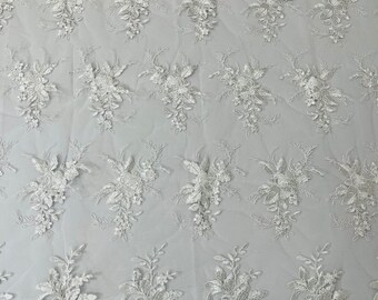 White Floral Lace Fabric: Embroidered Sequins Mesh, Bridal Wedding Gown