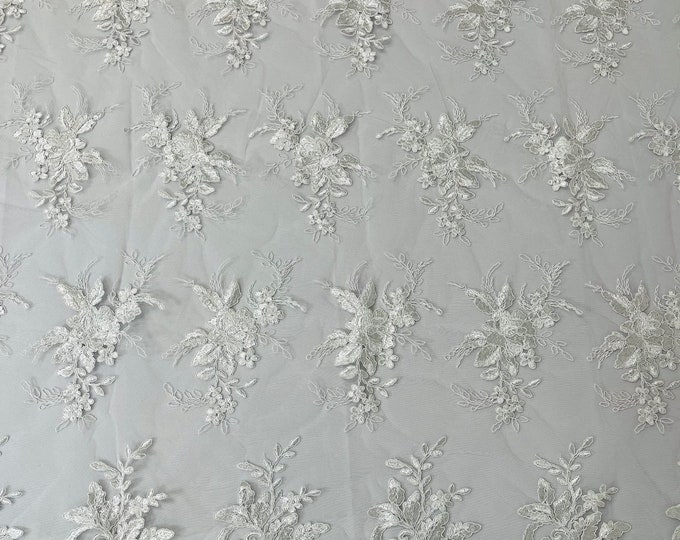 White Floral Lace Fabric by the yard - Embroidery With Sequins on a Mesh Lace Fabric For Gown, Wedding-Bridal