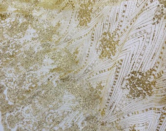 Gold Glitter Mesh Lace Fabric – Geometric Damask, Bridal/Prom Decor #1236
