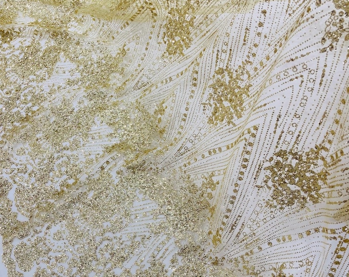 Gold Glitter Mesh Lace Fabric – Geometric Damask, Bridal/Prom Decor #1236