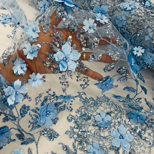 Baby Blue 3D Flower Sequin Fabric, Glitter Floral Mesh, Wedding Dress ...