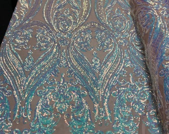 Iridescent Aqua Sequins Fabric - 4 Way Stretch Fancy Big Damask Design Sequins on Spandex Mesh Prom Gala Gown Fabric By The Yard