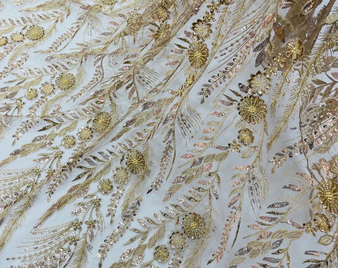 Champagne Floral Design Beads and Sequins, Lace Beaded Sequin Floral & Leaves Embroidered on a Mesh Lace,Wedding,Bridal,Dress By The Yard