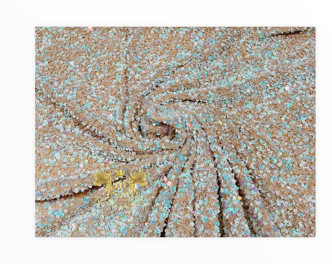 Aqua Sequin on Nude Stretch Velvet With Luxury Sequins Shining 4-Way Stretch Velvet (Pick a Size)