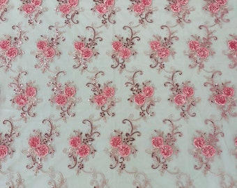 Light Pink Floral Sequin Lace Fabric - Embroidered Mesh, By The Yard