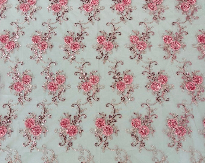 Light Pink Floral Lace Fabric - By The Yard - Embroidery Flower With Sequins on a Mesh Lace Fabric For Gown, Wedding-Bridal