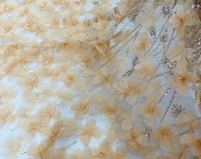 Champagne Beaded Fabric 3D Floral Butterfly Fabric By The Yard, Luxury 3D Butterfly Design Beads and Sequins Embroidered on a Mesh Lace Wedd