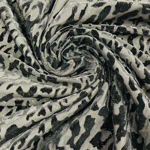 Black Leopard Design With Glitter, Burnout Velvet 4 Way Stretch 58/60” Sold by the yard (Pick a Size)