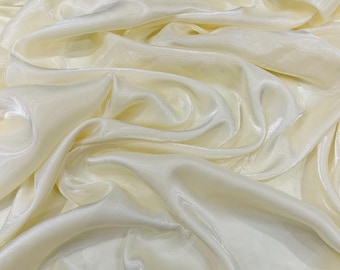 Ivory Cream Ultra Glossy Shimmer Chiffon Fabric, Bridal Liquid Crystal, 100% Polyester By The Yard
