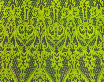 Lime Green Iridescent Sequins Fabric | On Black Mesh 4 Way Stretch | Embroidered Damask Design With Sequin Lace by the yard