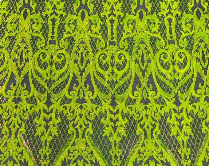 Lime Green Iridescent Sequins Fabric | On Black Mesh 4 Way Stretch | Embroidered Damask Design With Sequin Lace by the yard
