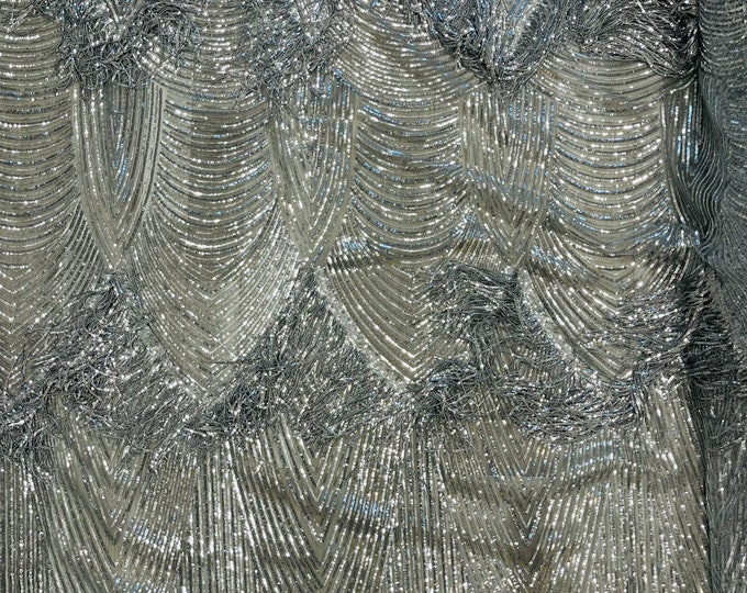 Silver Fringe Sequins on White Mesh, Silver Fringe Design Embroidered on 2 Way Stretch Fancy Sequin ( Choose The Size )