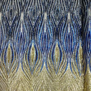 Embroidered Sequins Fabric: Gold, Royal Blue, Navy Feather Design - By The Yard