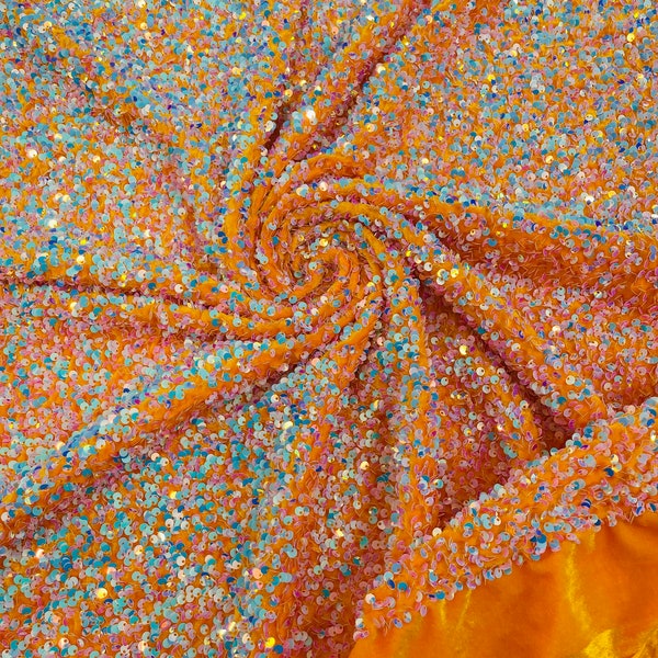 Aqua Iridescent Sequin Fabric on orange Stretch Velvet by the yard - all Over 5mm Sequins Velvet Fabric,  2-way Stretch 58/60”