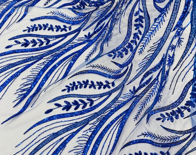 Royal Blue Beaded Lace Fabric: Embroidered Floral Mesh, Bridal Gown Material