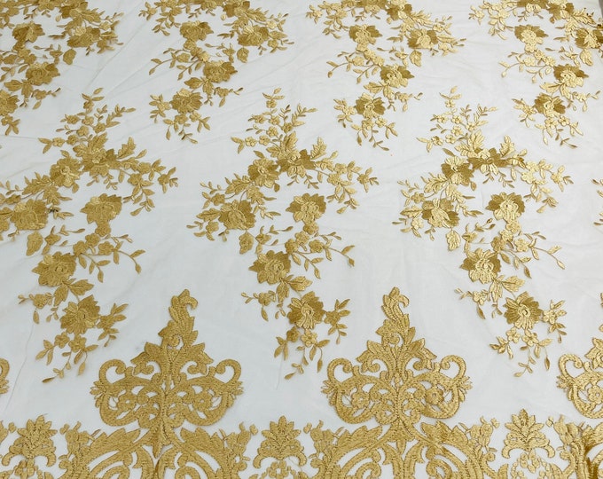Gold Bridal Lace - by the yard - Damask Design Embroidered on Mesh Lace Fabric, Floral Wedding Dress (Pick a Size)