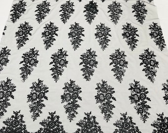 Black Floral Lace Fabric with Sequins: Embroidered Mesh, Bridal Wedding