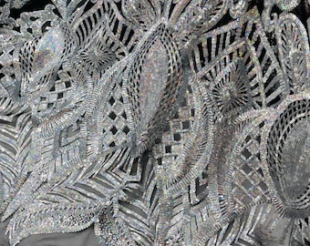 Silver Holographic Sequin Royalty Design on a 4 Way Stretch Sequin Fabric Spandex Mesh-Prom-Gown By The Yarde