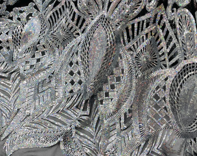 Silver Holographic Sequin Royalty Design on a 4 Way Stretch Sequin Fabric Spandex Mesh-Prom-Gown By The Yarde