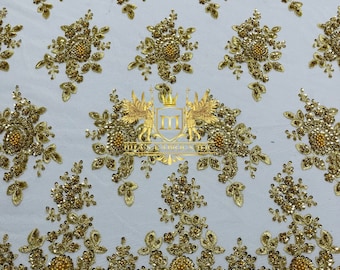 Gold Beaded Sequins Fabric | Embroidery With Beaded Sequin on a Mesh | Gold Beaded Floral | Flowers Bridal Lace Fabric by the yard