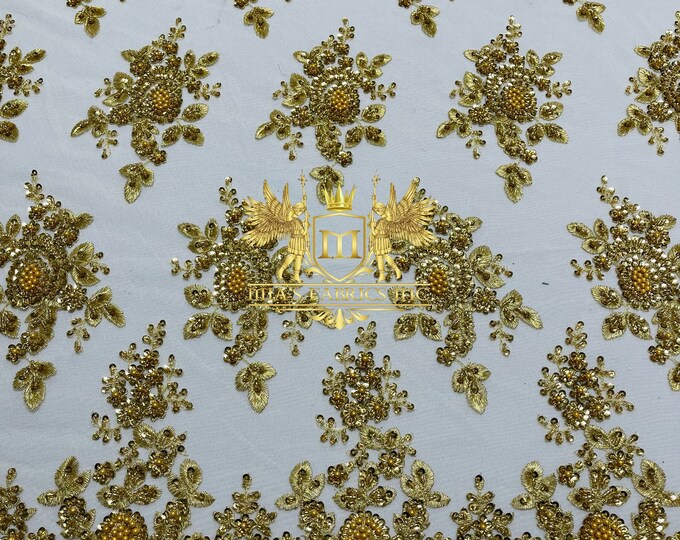 Gold Beaded Sequins Fabric | Embroidery With Beaded Sequin on a Mesh | Gold Beaded Floral | Flowers Bridal Lace Fabric by the yard