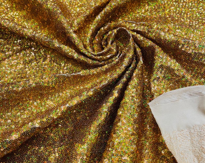 Gold Holographic Mini Glitz Sequins by the yard on Spandex Fabric | 4 Way Stretch | Gold Mini Glitz Sequin Fabric