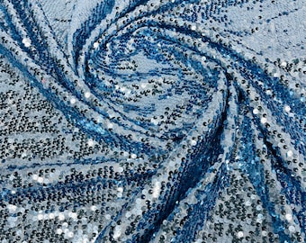 Blue Sequins Taffeta Fabric: 5mm Embroidery, 60" Wide, By The Yard