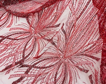 Burgundy Beaded Floral Lace Fabric: Embroidered Sequin Mesh, Bridal Gown Fabric