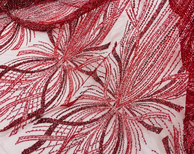 Burgundy Embroidery Beaded Fabric With Sequin on a Mesh, Beaded Fabric Floral Bridal Lace Fabric by the yard