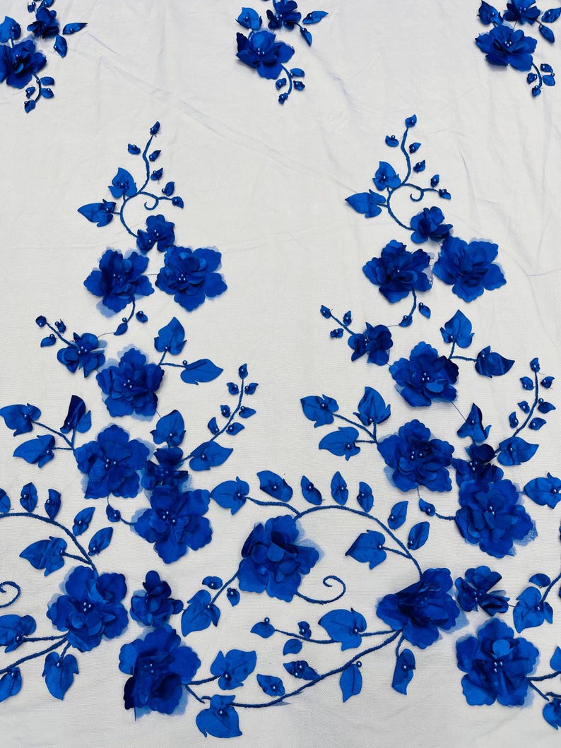 ROYAL BLUE 3D FLORAL WITH VINES AND PEARLS ON A Compatible for BLACK MESH LACE-SOLD BY YARD main image 1