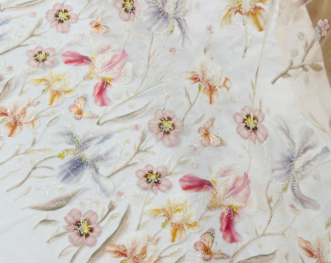 Blush Pink Magnolia 3D Flower Beaded Sequin Fabric: Embroidered Butterfly Mesh Bridal Wedding Appliqué