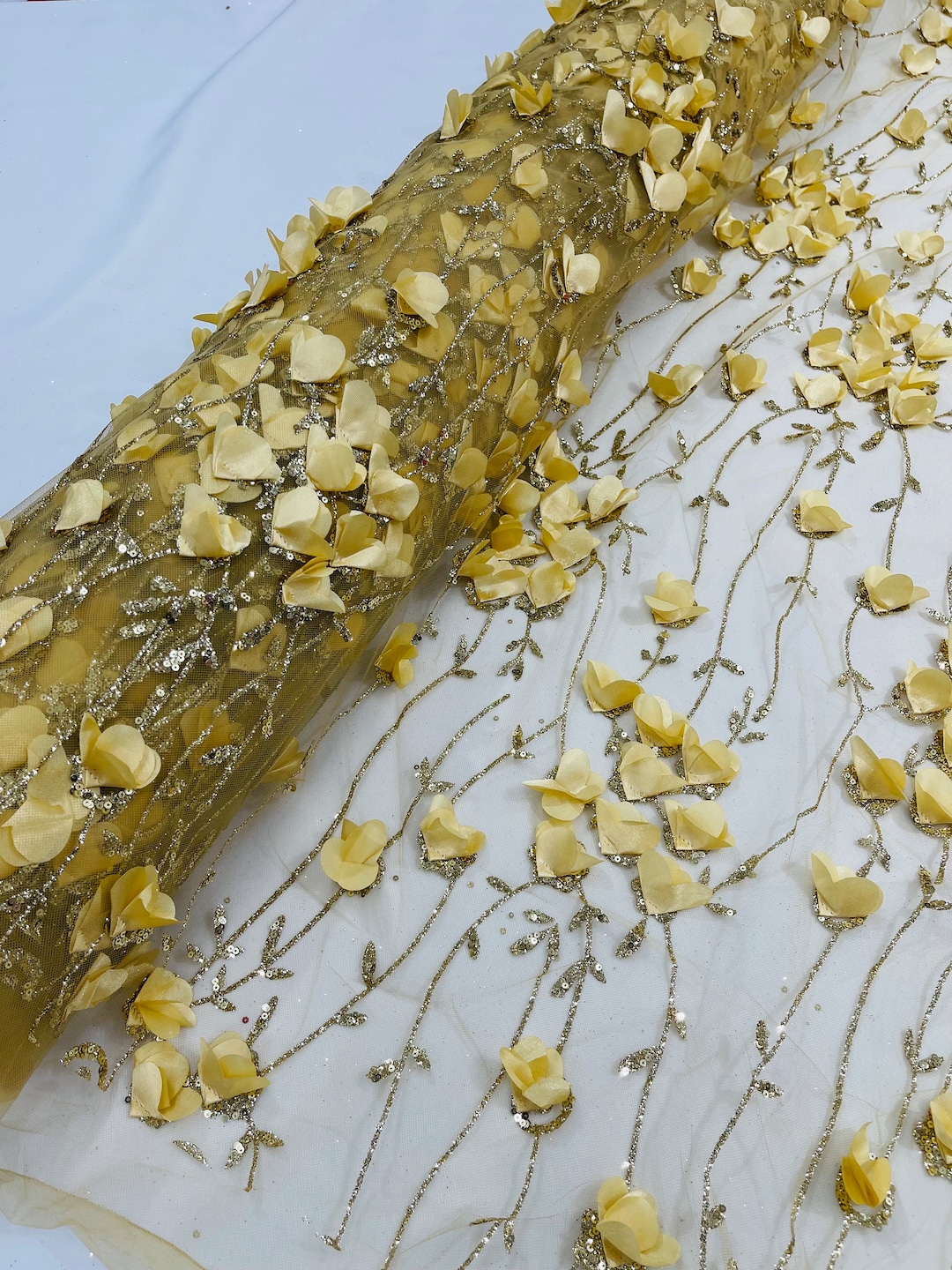 Gold Glitter Tulle 3D Flower Lace Fabric Sequin, by the Yard, for ...
