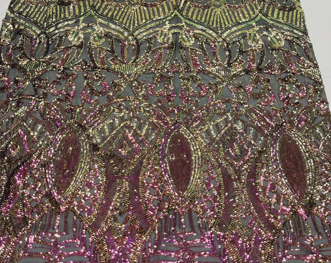 New Iridescent Purple on Black Mesh, Royalty Design on Mesh 4way Stretch Sequin-Prom-Gown By The Yard