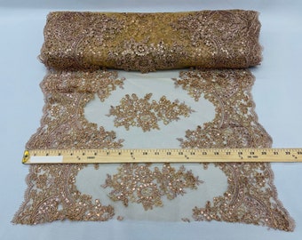 Metallic Rose Gold Floral Lace Fabric For Runner - by the yard - Embroidery With Sequins on a Mesh Lace Fabric For Wedding-Bridal