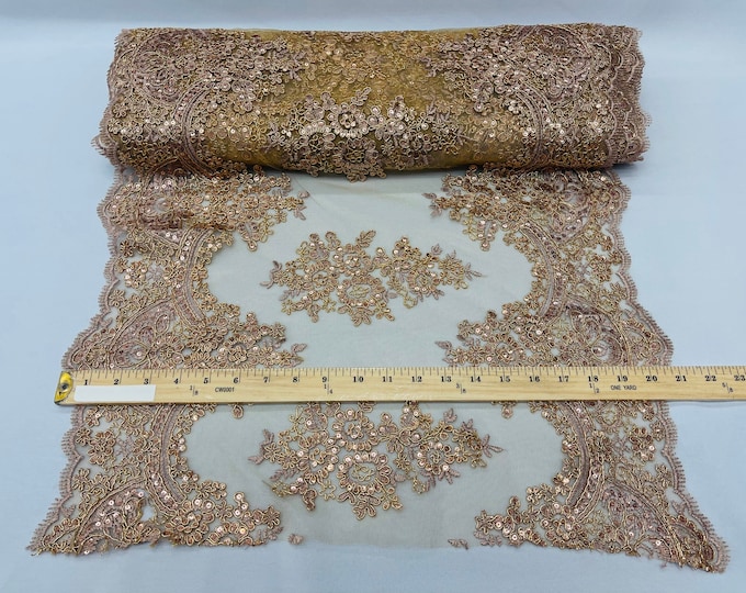 Metallic Rose Gold Floral Lace Fabric For Runner - by the yard - Embroidery With Sequins on a Mesh Lace Fabric For Wedding-Bridal