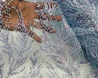 Baby Blue Beaded Lace Fabric: Damask Sequin Appliqué, Bridal Wedding Prom Dress