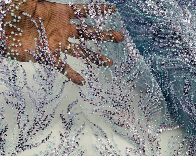 Baby Blue Beaded Fabric by the yard, Bridal beaded, Damask Pattern With Beads and Sequin, Appliqué lace for bridals,weddings,prom dress