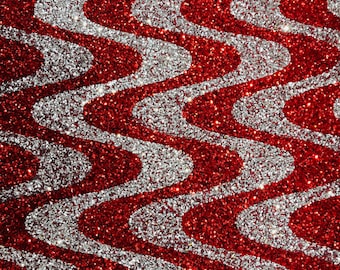 Red & Silver Sequin Stretch Velvet Fabric: Wavy Line Design