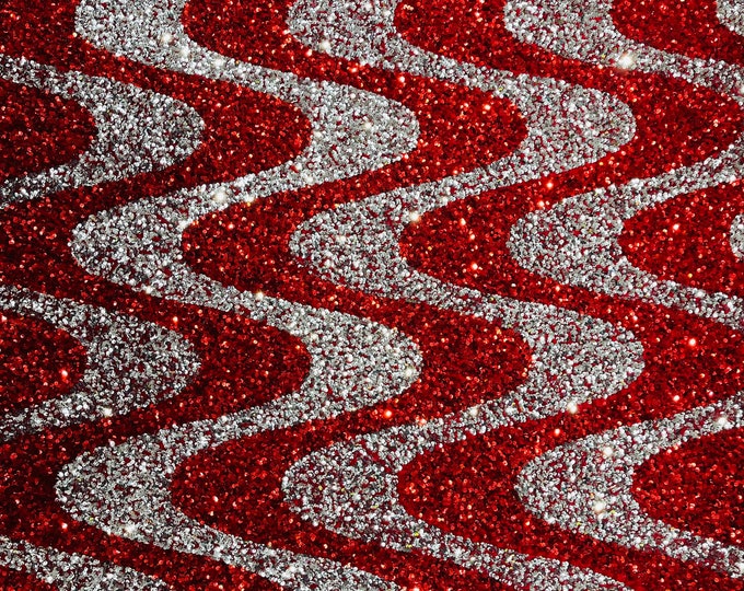 Stretch Velvet Sequins - Red / Silver Sequin on Stretch Velvet Fabric - Wavy Line Design with 5mm Sequins By Yard