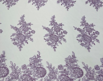 Lilac Floral Embroidered Lace Fabric: Scalloped Edge Mesh, Bridal Wedding Dress