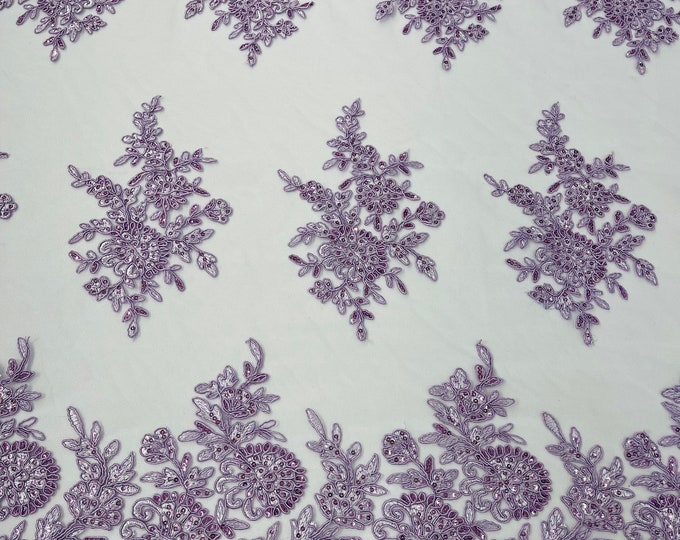 Lilac Lace Fabric | Flower Design Embroidered on Mesh Lace Fabric, Floral Bridal Lace Wedding Dress by the Yard (Pick a Size)