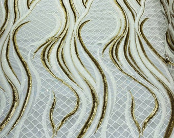 Sequins Fabric Two Tone White- Matte Gold Geometric Design 4Way Stretch Sequin Fabric Spandex Mesh BTY